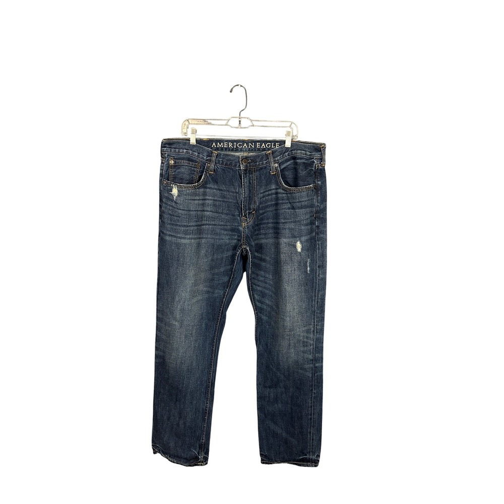 American Eagle Slim Straight Jeans Mens 38x32 Dark Wash Distressed Denim Blue - Picture 1 of 8